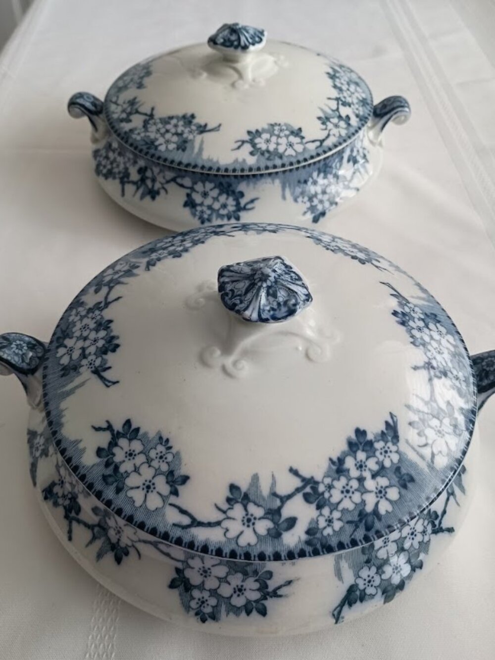 Two Vintage Porcelian Blue and White Floral Lidded Tureens